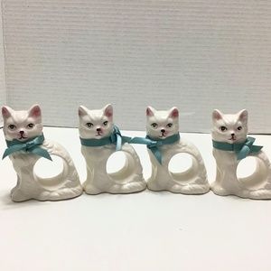 Vintage Ron Gordon Design Cat Napkin Holder Lot 4 Ceramic White Cat Blue Bows